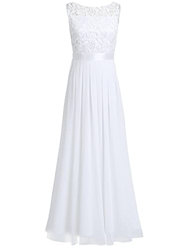 iEFiEL Damen Kleid Festliche Kleider Brautjungfer Hochzeit Cocktailkleid Chiffon Faltenrock Elegant Langes Abendkleid Partykleid Weiß 42 von iEFiEL