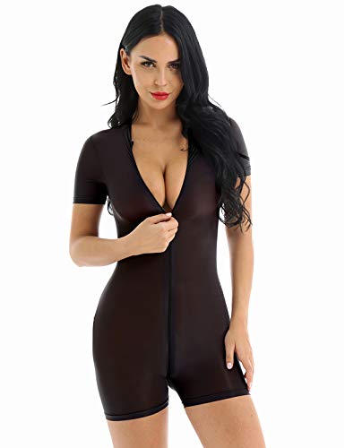 iEFiEL Damen Kurzarm Body mit Reißverschluss Bodysuit Transparent Jumpsuit Stehkragen Unterhemd Kurz Shorts Lingerie Schwarz Einheitsgröße von iEFiEL