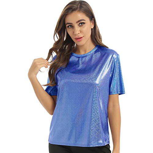 iEFiEL Damen Kurzarm Shirt Metallic Tops Loose Fit Oberteile Glitzer Rundhals T-Shirt Cozy Lässig Tops Kanreval Faschingskostüm Blau B L von iEFiEL