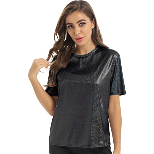 iEFiEL Damen Kurzarm Shirt Metallic Tops Loose Fit Oberteile Glitzer Rundhals T-Shirt Cozy Lässig Tops Kanreval Faschingskostüm Dunkel Grau L von iEFiEL