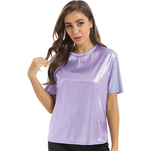 iEFiEL Damen Kurzarm Shirt Metallic Tops Loose Fit Oberteile Glitzer Rundhals T-Shirt Cozy Lässig Tops Kanreval Faschingskostüm Hellviolett M von iEFiEL