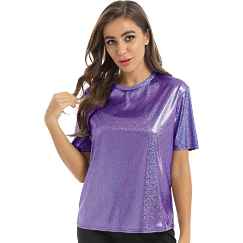 iEFiEL Damen Kurzarm Shirt Metallic Tops Loose Fit Oberteile Glitzer Rundhals T-Shirt Cozy Lässig Tops Kanreval Faschingskostüm Lila M von iEFiEL