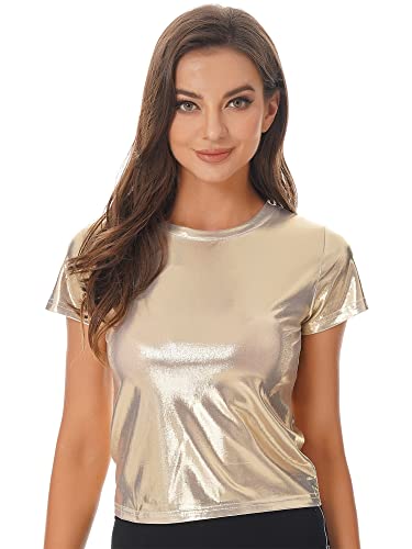 iEFiEL Damen Kurzarm Shirt Metallic Tops Loose Fit Oberteile Glitzer Rundhals T-Shirt Cozy Lässig Tops Kanreval Faschingskostüm T Gold M von iEFiEL