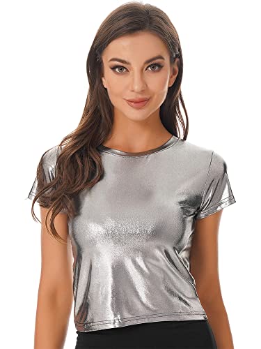 iEFiEL Damen Kurzarm Shirt Metallic Tops Loose Fit Oberteile Glitzer Rundhals T-Shirt Cozy Lässig Tops Kanreval Faschingskostüm T Gray M von iEFiEL