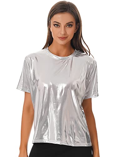 iEFiEL Damen Kurzarm Shirt Metallic Tops Loose Fit Oberteile Glitzer Rundhals T-Shirt Cozy Lässig Tops Kanreval Faschingskostüm T Silber L von iEFiEL