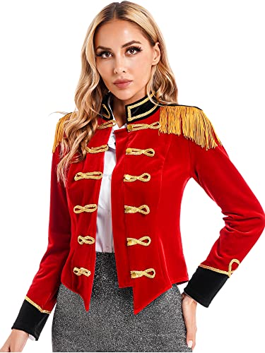 iEFiEL Damen Samt Blazer Jäckchen Ringmaster Kostüm Zirkus Stehkragen Kurzjacke mit Quasten Showman Kostüme Cosplay Vintage Jacke Outerwear Rot M von iEFiEL