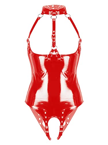 iEFiEL Damen Lack Leder Bodysuit Brustfrei Latex-Body Ouvert Stringbody Frauen Neckholder mit Ketten Harness BH Unterwäsche Dessous Gothic Kostüm Clubwear Rot Harness 3XL von iEFiEL