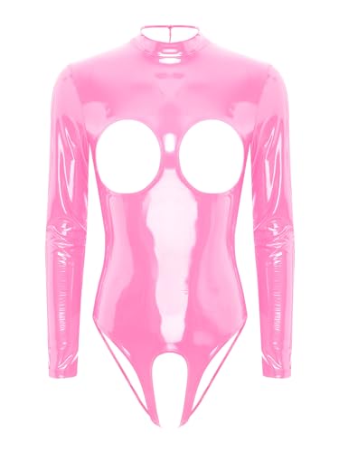 iEFiEL Damen Lack Leder Bodysuit Brustfrei Latex-Body Ouvert Stringbody Frauen Neckholder mit Ketten Harness BH Unterwäsche Dessous Gothic Kostüm Clubwear Za Rosa L von iEFiEL