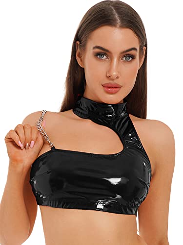 iEFiEL Damen Lackleder BH Bralette Buster Rückenfrei Hemd Neckholder Tank Top Unterhemd Bluse Nachtclub Partykleidung Schwarz XXL von iEFiEL