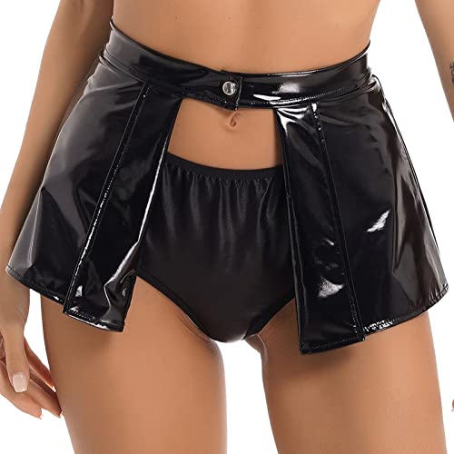 iEFiEL Damen Lackleder Gefalteter Röcke Kurz Latex Rock A-Linie Faltenrock Optik Lederrock Rockgürtel Rave Party Clubwear A Schwarz L von iEFiEL