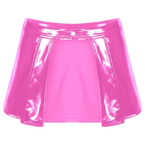 iEFiEL Damen Lackleder Gefalteter Röcke Kurz Latex Rock A-Linie Faltenrock Optik Lederrock Rockgürtel Rave Party Clubwear Rosa L von iEFiEL