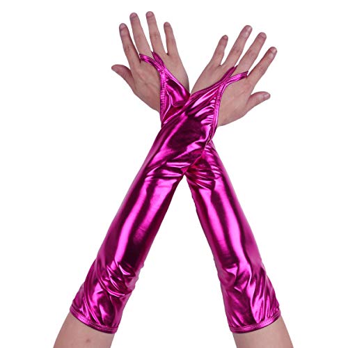 iEFiEL Damen Lackleder Fingerlose Handschuhe Metallic Armstulpen Glänzend Handschuhe Fasching Kostüm Zubehör Gothic Punk Tanz Party Clubwear A Rosen Rot One Size von iEFiEL