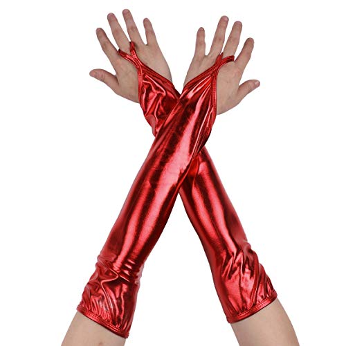 iEFiEL Damen Lackleder Fingerlose Handschuhe Metallic Armstulpen Glänzend Handschuhe Fasching Kostüm Zubehör Gothic Punk Tanz Party Clubwear B Rot One Size von iEFiEL