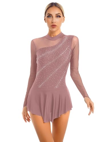 iEFiEL Damen Langarm Ballettkleid Eiskunstlauf Kleid mit Glitzer Kristallen Ballettkleidung Gymnastik Leotard Turnanzug Tanzkostüm Za Altrosa S von iEFiEL