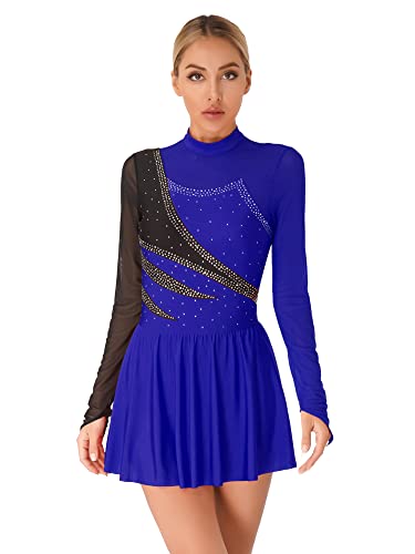 iEFiEL Damen Langarm Ballettkleid Eiskunstlauf Kleid mit Glitzer Kristallen Ballettkleidung Gymnastik Leotard Turnanzug Tanzkostüm Zf Königsblau S von iEFiEL