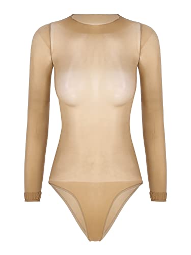 iEFiEL Damen Langarm Body Durchsichtig Stringbody High Cut Overall Mesh Catsuit Unterwäsche Gogo Party Clubwear Kaffee Einheitsgröße von iEFiEL