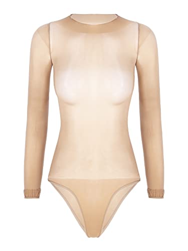 iEFiEL Damen Langarm Body Durchsichtig Stringbody High Cut Overall Mesh Catsuit Unterwäsche Gogo Party Clubwear Nude Einheitsgröße von iEFiEL