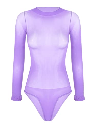 iEFiEL Damen Langarm Body Durchsichtig Stringbody High Cut Overall Mesh Catsuit Unterwäsche Gogo Party Clubwear Violett Einheitsgröße von iEFiEL