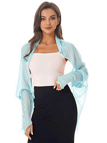 iEFiEL Damen Langarm Bolero Chiffon Strickjacke Leichtes Open Front Cardigan Cover Up Sommer Jacke Schulterjacke Hellblau Einheitsgröße von iEFiEL