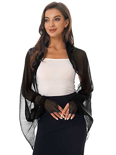 iEFiEL Damen Langarm Bolero Chiffon Strickjacke Leichtes Open Front Cardigan Cover Up Sommer Jacke Schulterjacke Schwarz Einheitsgröße von iEFiEL