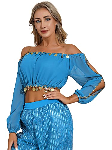 iEFiEL Damen Langarm Shirts Chiffon Camisole Crop Top Bauchtanz Kostüm Spaghettiträger Oberteile Tanzkleiung Bühnenkostüm Himmel Blau Einheitsgröße von iEFiEL