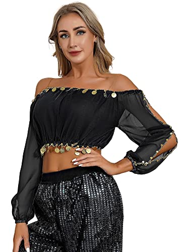 iEFiEL Damen Langarm Shirts Chiffon Camisole Crop Top Bauchtanz Kostüm Spaghettiträger Oberteile Tanzkleiung Bühnenkostüm Schwarz Einheitsgröße von iEFiEL