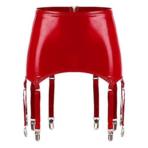 iEFiEL Damen Leder Optik Strumpfgürtel Strapsgürtel Strumpfband Punk Wetlook Gürtel Strapsen Lackleder Minirock Dessous Rot 3XL von iEFiEL