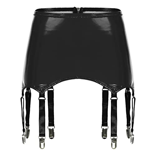 iEFiEL Damen Leder Optik Strumpfgürtel Strapsgürtel Strumpfband Punk Wetlook Gürtel Strapsen Lackleder Minirock Dessous Schwarz 3XL von iEFiEL