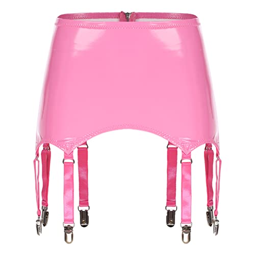 iEFiEL Damen Leder Optik Strumpfgürtel Strapsgürtel Strumpfband Punk Wetlook Gürtel Strapsen Lackleder Minirock Dessous Rosa S von iEFiEL