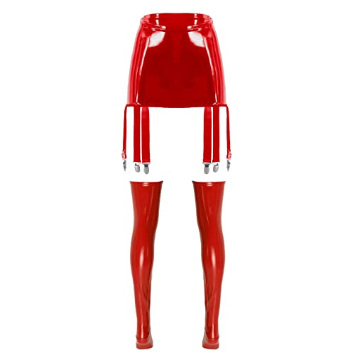 iEFiEL Damen Leder Optik Strumpfgürtel Strapsgürtel Strumpfband Punk Wetlook Gürtel Strapsen Lackleder Minirock Dessous Rot mit Kniestrümpfe M von iEFiEL