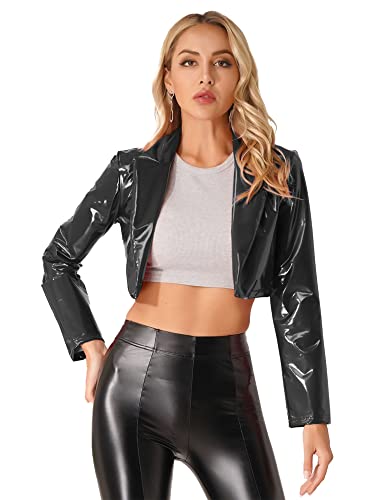 iEFiEL Damen Lederjacke Wetlook Blazer mit Revers Kurze Jacke Lackleder Bolero Bauchfrei Tops Oberbekleidung Rave Party Clubwear Schwarz S von iEFiEL