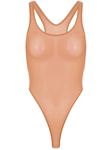 iEFiEL Damen Mesh Body Durchsichtig Stringbody High Cut Catsuit Eng Stretch Bodysuit Ärmellose Unterhemd Dessous Babydoll Braun Einheitsgröße von iEFiEL