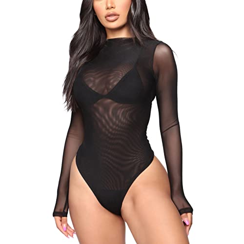 iEFiEL Damen Mesh Top Body Transparent Bodysuit Einteiler Catsuit Langarm T-Shirts Bluse Eng Stretch Unterhemd Rave Party Clubwear Schwarz XL von iEFiEL