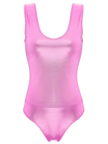 iEFiEL Damen Metallic Body Ämrellose Bodysuit Einteiler Catsuit ärmellose Stringbody Trainning Sportbody Turnbody Gymnastikanzug Hell Rosa L von iEFiEL