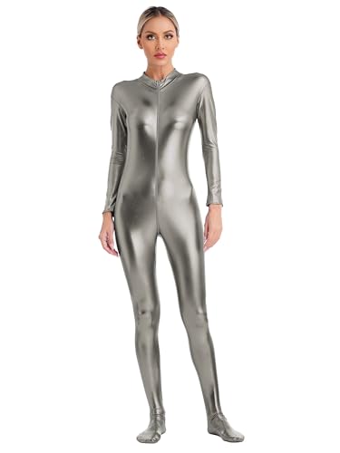 iEFiEL Damen Metallic Body Langarm Ganzanzug Overall Silber Bodysuit Einteiler Jumpsuit Karneval Faschingsksotüm Grau M von iEFiEL