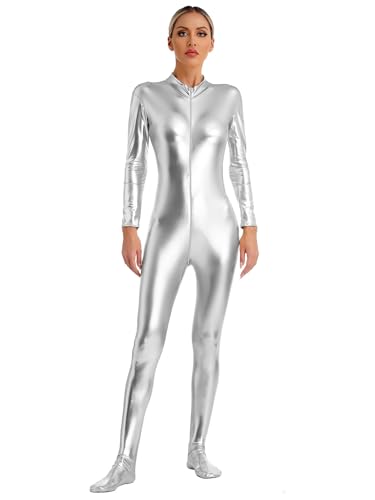 iEFiEL Damen Metallic Body Langarm Ganzanzug Overall Silber Bodysuit Einteiler Jumpsuit Karneval Faschingsksotüm Silber S von iEFiEL