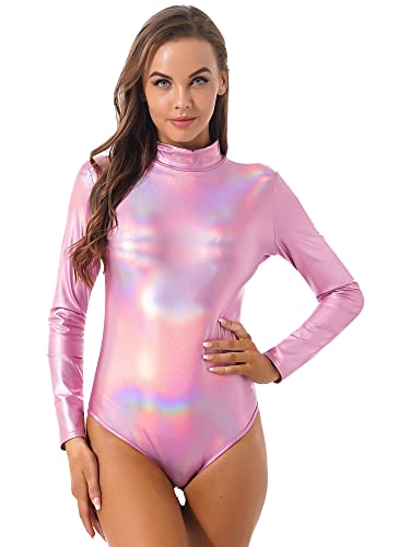 iEFiEL Damen Metallic Body Rollkragen Holographische Body Langarm Top Shirt Trikot Leotard Tanz-Kostüm DS Stage Glänzend Jumpsuit Clubwear Rosa L von iEFiEL