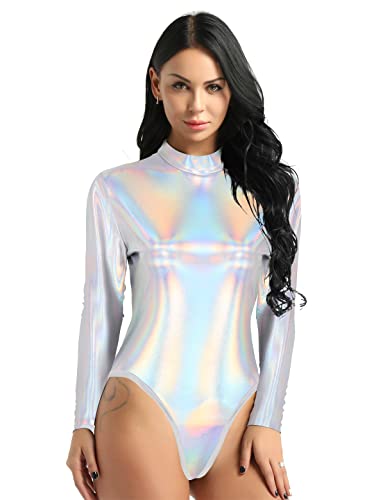 iEFiEL Damen Metallic Body Rollkragen Holographische Body Langarm Top Shirt Trikot Leotard Tanz-Kostüm DS Stage Glänzend Jumpsuit Clubwear Silber L von iEFiEL