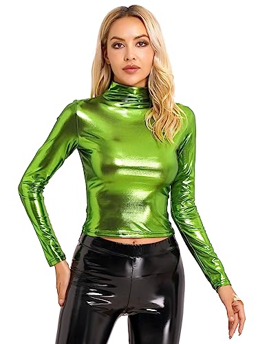 iEFiEL Damen Metallic Shirts Slim Fit Stehkragen Langarmshirts Wetlook Top Hippe Tanztop Party Crop Top Festival Kostüm Oberteile X Grün L von iEFiEL