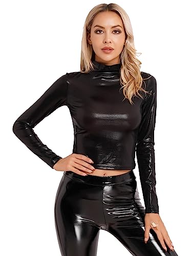 iEFiEL Damen Metallic Shirts Slim Fit Stehkragen Langarmshirts Wetlook Top Hippe Tanztop Party Crop Top Festival Kostüm Oberteile X Schwarz M von iEFiEL