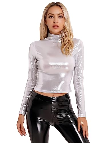 iEFiEL Damen Metallic Shirts Slim Fit Stehkragen Langarmshirts Wetlook Top Hippe Tanztop Party Crop Top Festival Kostüm Oberteile X Silber M von iEFiEL