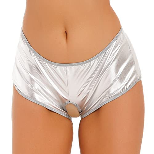 iEFiEL Damen Metallic Slips Offenen Slips Unterhosen Low Rise Unterwäsche Stretch Hotpants Reizwäsche Dessous Silber S von iEFiEL