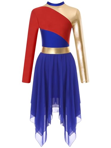 iEFiEL Damen Metallic Tanzanzug Chiffon Eiskunstlaufkleid Langarm Tanzkleidung mit Asymmetrien Rock Wettkampf Tanzkostüm Royal Blau L von iEFiEL