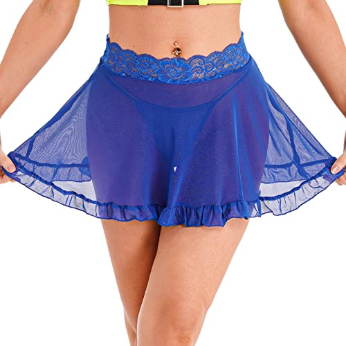 iEFiEL Damen Minirock mit G-String Mesh Rock Durchsichtig Faltenrock t Spitzeblumen Rock Kurz Tanzrock Dessouos Set Blau L von iEFiEL