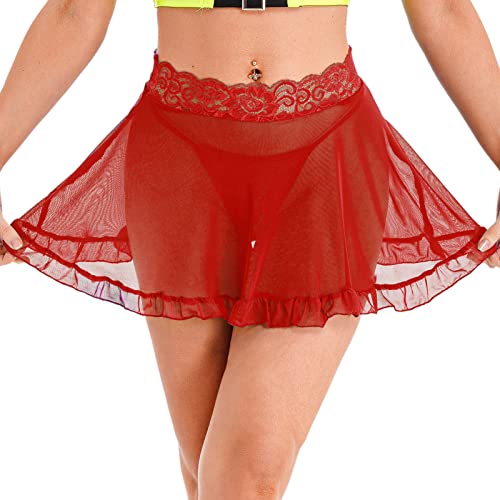 iEFiEL Damen Minirock mit G-String Mesh Rock Durchsichtig Faltenrock t Spitzeblumen Rock Kurz Tanzrock Dessouos Set Rot 3XL von iEFiEL