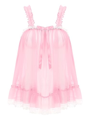 iEFiEL Damen Nachthemd Träger Tanktop Transparent Oberteile Mesh Hemd Ärmellose Rüschen Unterhemd Dessous Lingerie Rosa M von iEFiEL