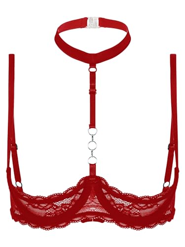 iEFiEL Damen Neckholder BH Hebe Spitze Bralett Mesh Lingerie Spaghettiträger Unterhemd Offene Nippel Lingerie Reizwäsche Rot M von iEFiEL