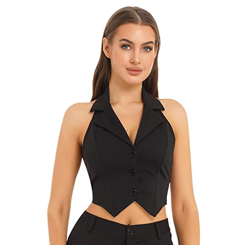 iEFiEL Damen Neckholder Crop Top Weste Rückenfrei Anzugjacke Smoking Top sexy Frauen Oberteile Slim Fit Shirts Rave Party Clubwear A Schwarz S von iEFiEL