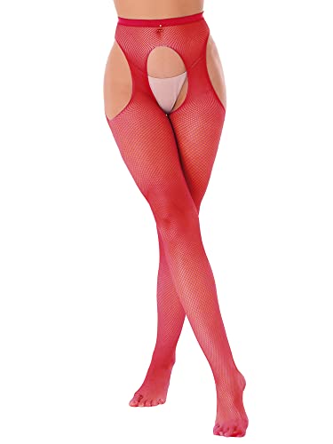 iEFiEL Damen Netz Strumpfhose Transparent Leggings Cut Out Nylon Hosen Lang Socken Strümpfe Gogo Party Clubwear Rot Einheitsgröße von iEFiEL