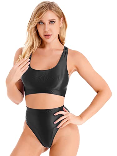 iEFiEL Damen Öl Dessous Set Sportlich BH Unterhemd Glossy Crop Top Slips Unterwäsche Nachtwäsche Reizwäsche Schwarz XL von iEFiEL